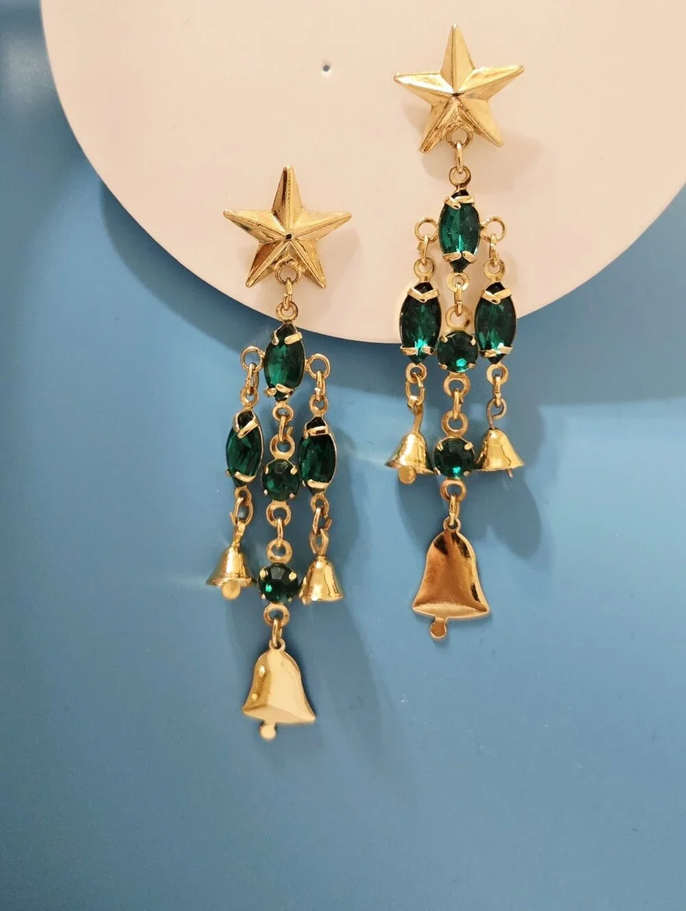 Vintage Gold Star Bells Drop Earrings with Green Rhinestones
